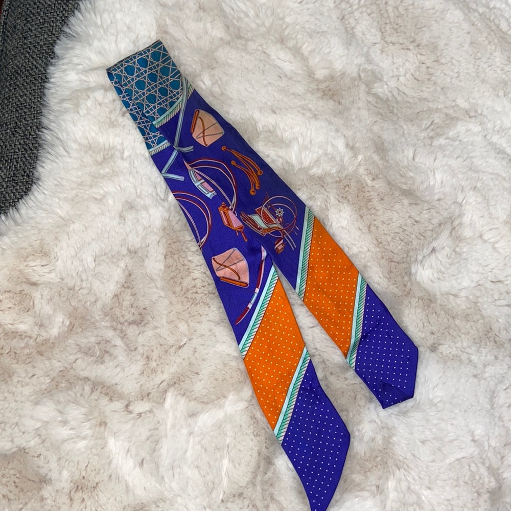 Hermès Multi Blue Orange Print Silk Twilly Scarf Acessory